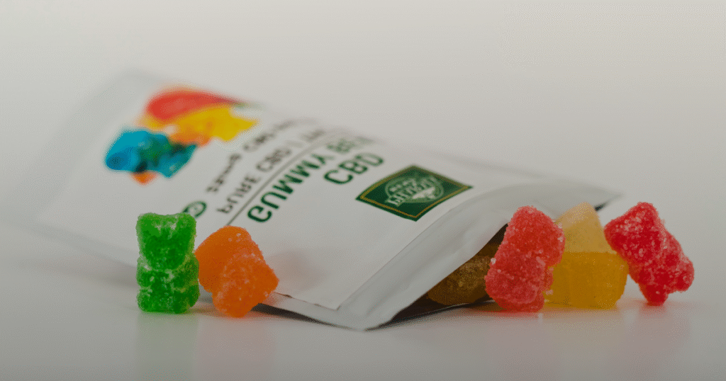 A transparent bag containing an assortment of CBD gummies, highlighting their vibrant colors and chewy textures.