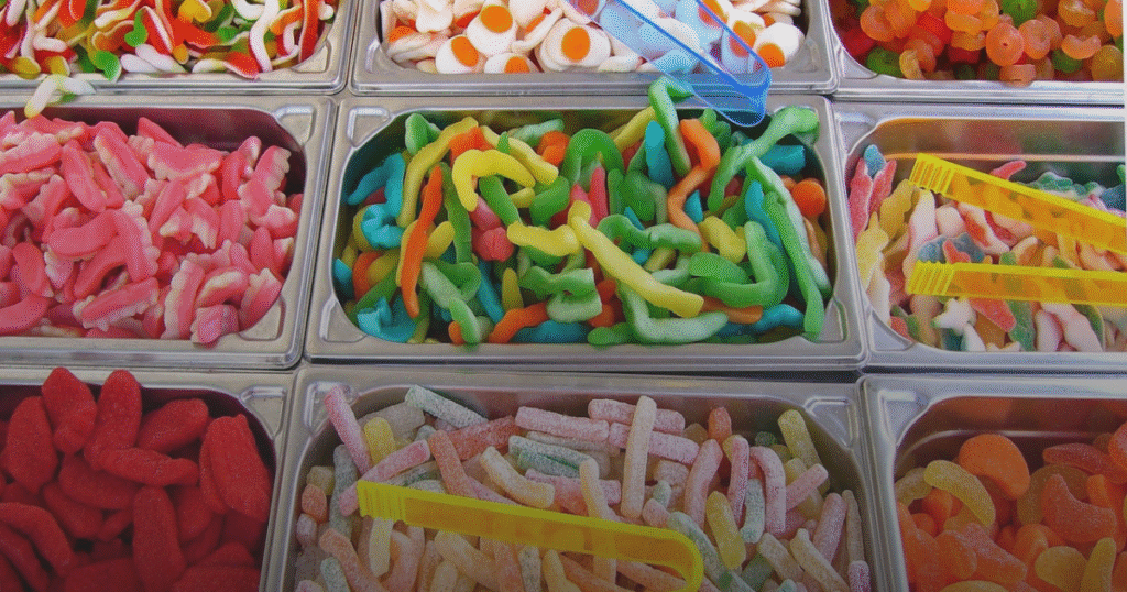 A colorful display of assorted candies, including gummies, chocolates, and lollipops, arranged attractively.