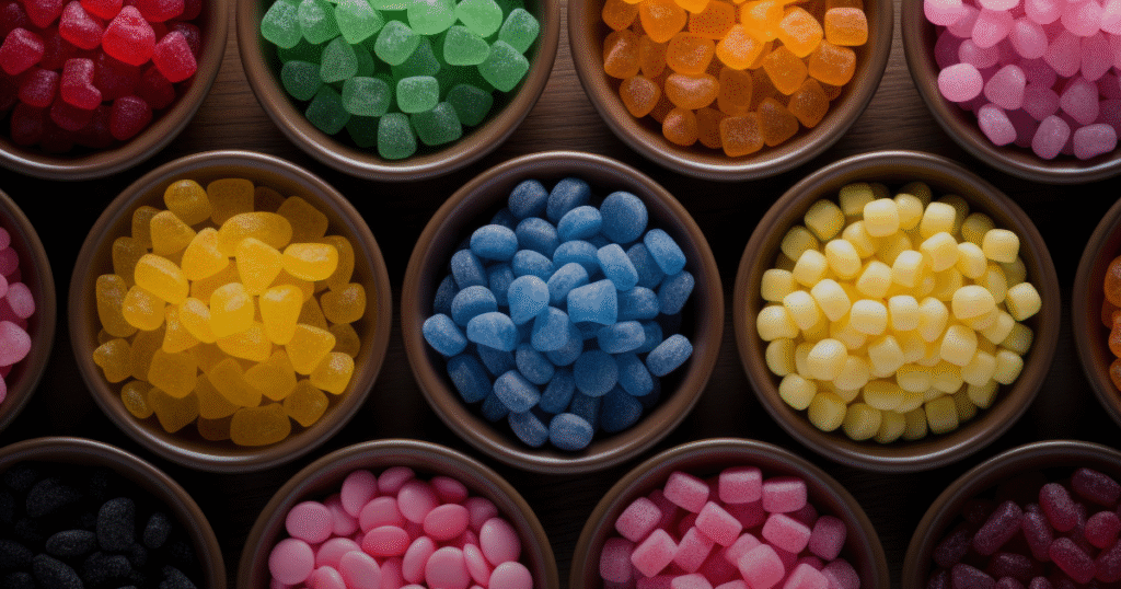 A selection of vibrant candies displayed in various bowls, showcasing an array of colors and shapes.