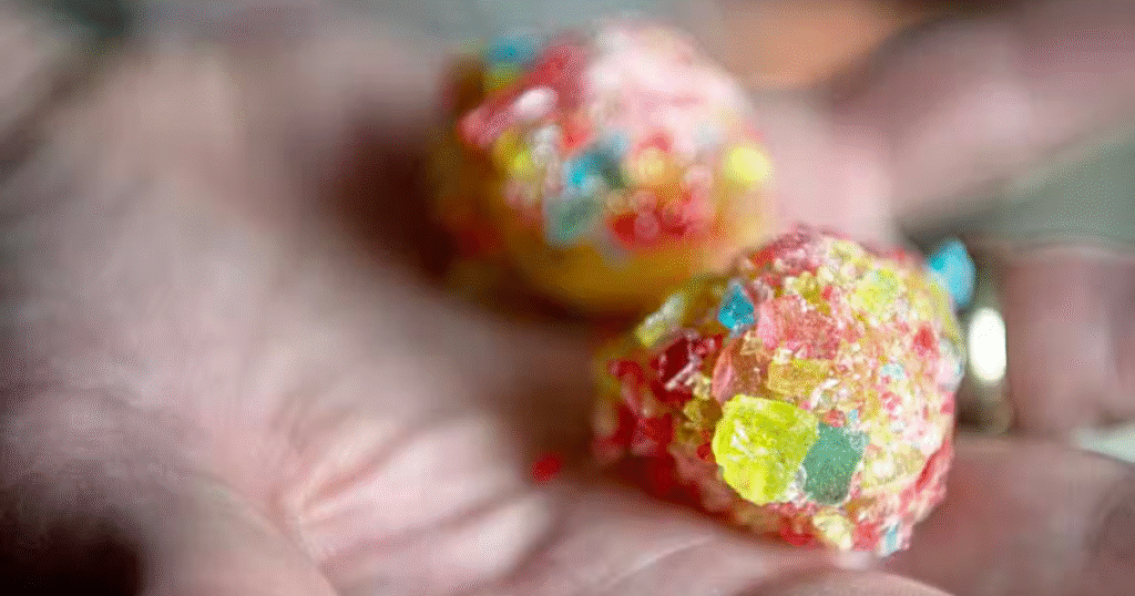 A person holds a vibrant, multicolored candy ball in their hand, showcasing its bright hues and glossy surface.
