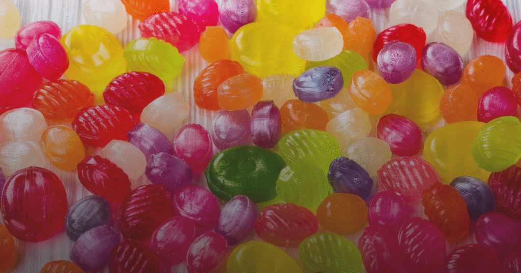 A vibrant mix of jelly beans in various colors arranged on a clean white background.