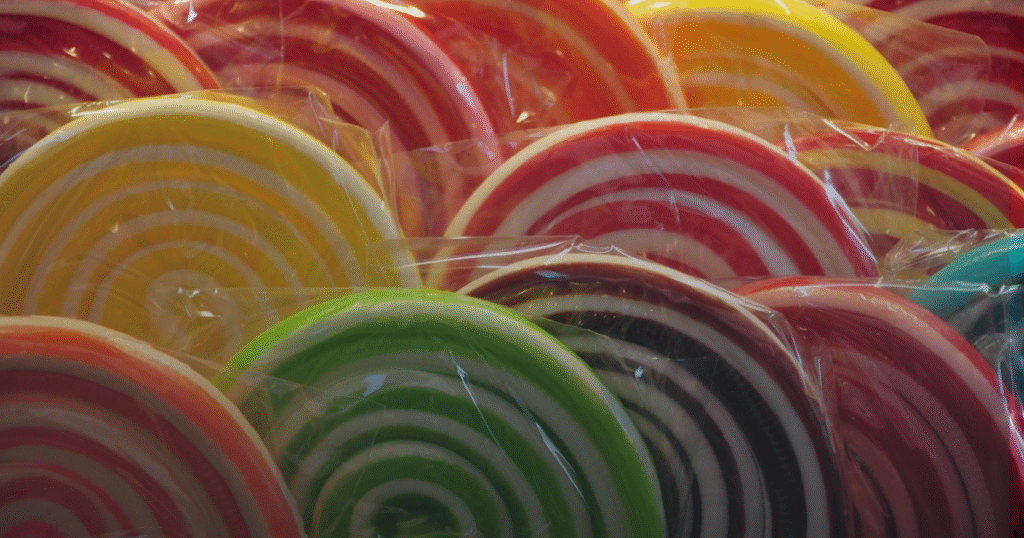 A large pile of vibrant, colorful lollipops arranged in various shapes and sizes.