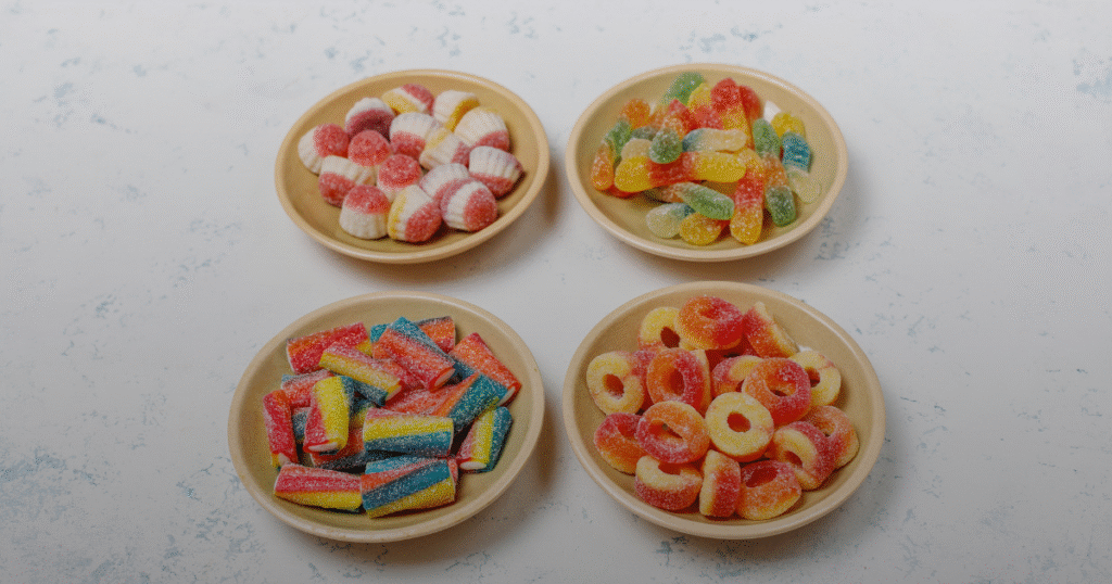 Three bowls filled with vibrant, colorful candy arranged on a white table surface.