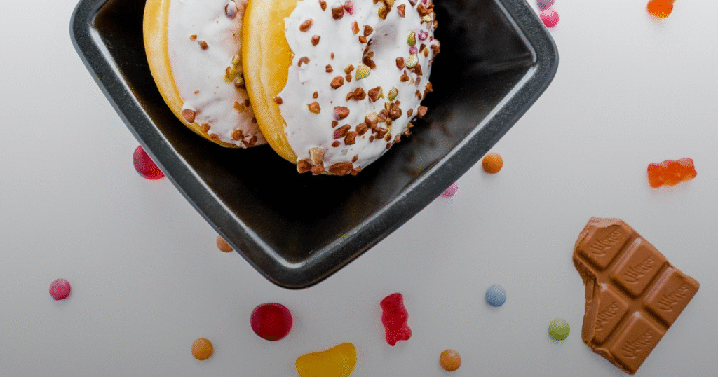 A black bowl containing two donuts and a chocolate bar, arranged neatly for a sweet treat display.