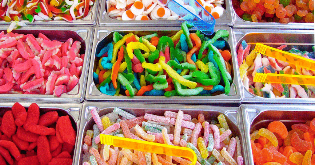 A display case filled with an assortment of colorful candies, showcasing various shapes and sizes.